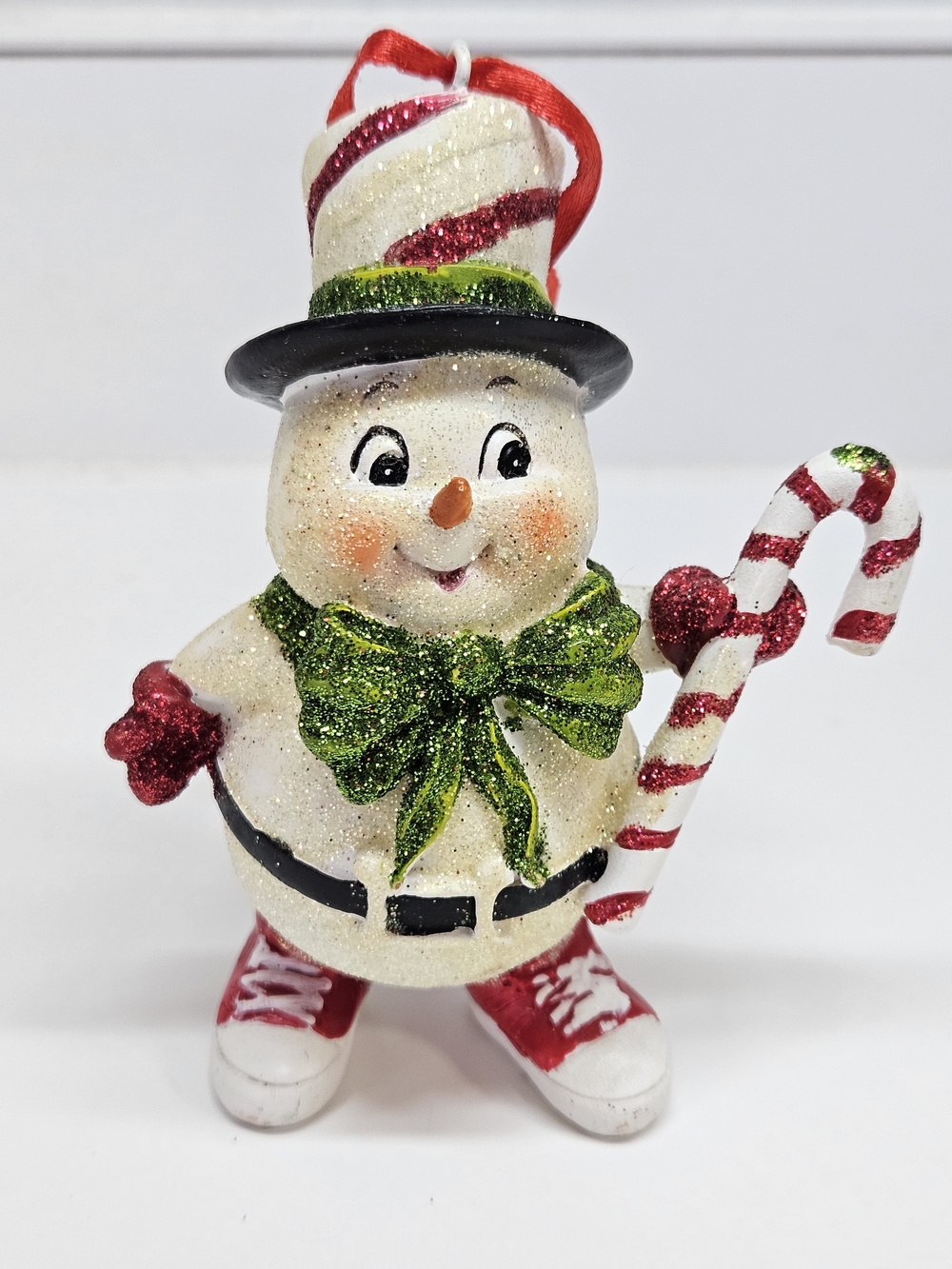 VINTAGE Jolly Candy Cane Glitter Snowman Holiday Christmas Ornament